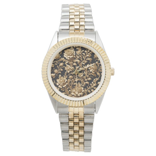 Elegance Enchanted: Black and Gold Floral  Watch (Front)