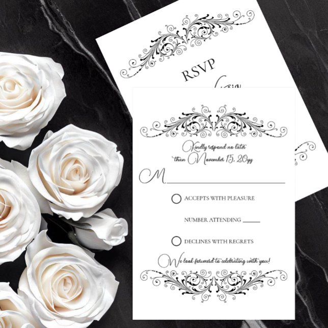 Elégance florissante noire et blanche RSVP (Black and White Flourish Elegance RSVP card to let your guests respond to your wedding invitation.)
