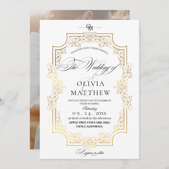Elegance Gold & White  Photo Wedding Invitation (Front/Back)