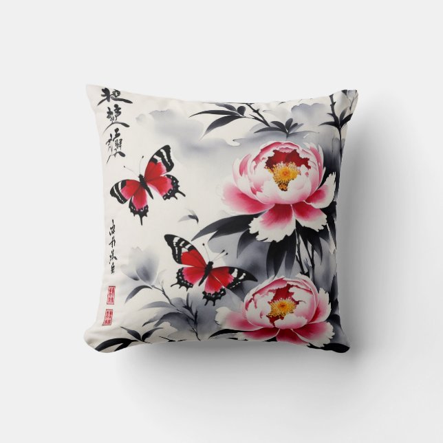  Elegance in Bloom: Floral and Landscape Harmony Throw Pillow (Front)