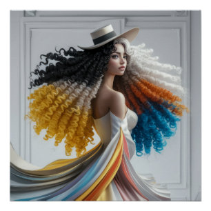 Elegance in Contrast Curly-Haired Woman  Poster