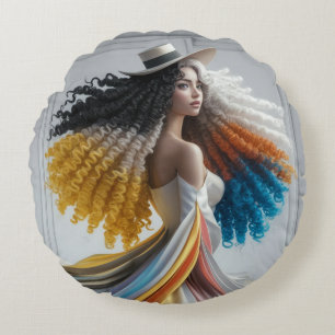 Elegance in Contrast: Curly-Haired Woman Round Pillow