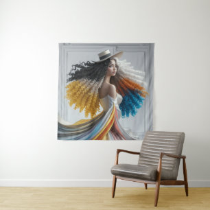 Elegance in Contrast Curly-Haired Woman Tapestry