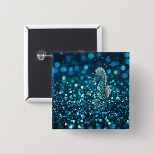 Elegance in Motion: Aqua Seahorse On Aqua Bokeh 2 Inch Square Button