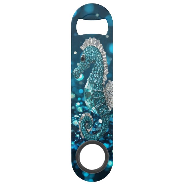Elegance in Motion: Aqua Seahorse On Aqua Bokeh Bar Key (Front)