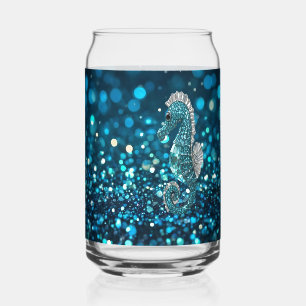 Elegance in Motion: Aqua Seahorse On Aqua Bokeh Can Glass