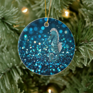Elegance in Motion: Aqua Seahorse On Aqua Bokeh Ceramic Ornament