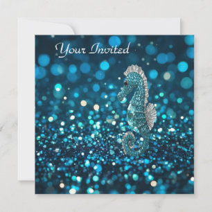 Elegance in Motion: Aqua Seahorse On Aqua Bokeh Invitation
