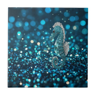Elegance in Motion: Aqua Seahorse On Aqua Bokeh Tile