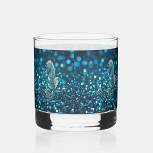 Elegance in Motion: Aqua Seahorse On Aqua Bokeh Whiskey Glass