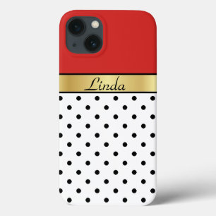 Elegance In Red And White, Black Dots, Gold Ribbon iPhone 13 Case