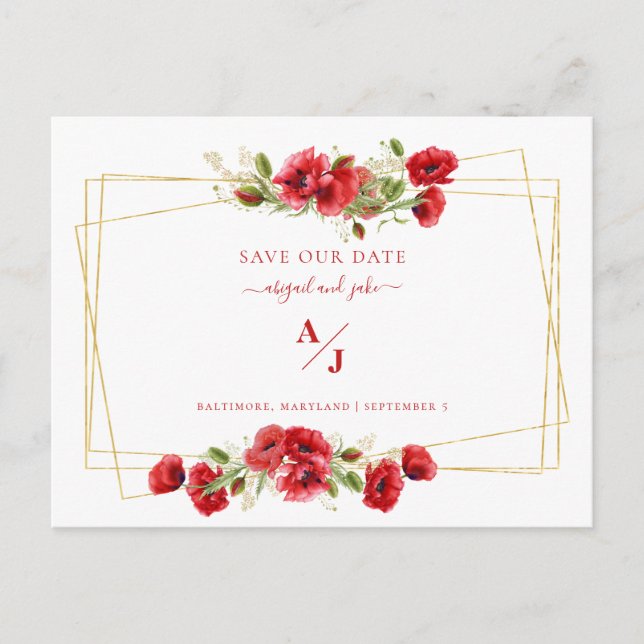 Elegance in Red Wedding Save our Date Postcard (Front)