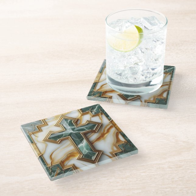 Elegance in Stone Golden-Framed Marble Cross Glass Coaster (Angled)