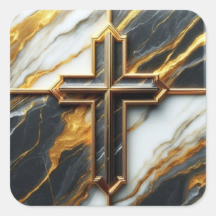 Elegance in Stone Golden-Framed Marble Cross Square Sticker