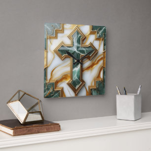 Elegance in Stone Golden-Framed Marble Cross Square Wall Clock