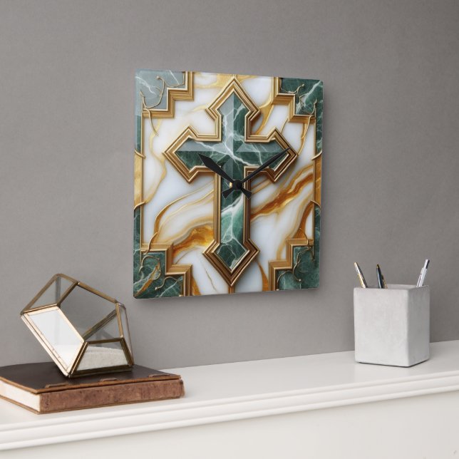 Elegance in Stone Golden-Framed Marble Cross Square Wall Clock (Office)