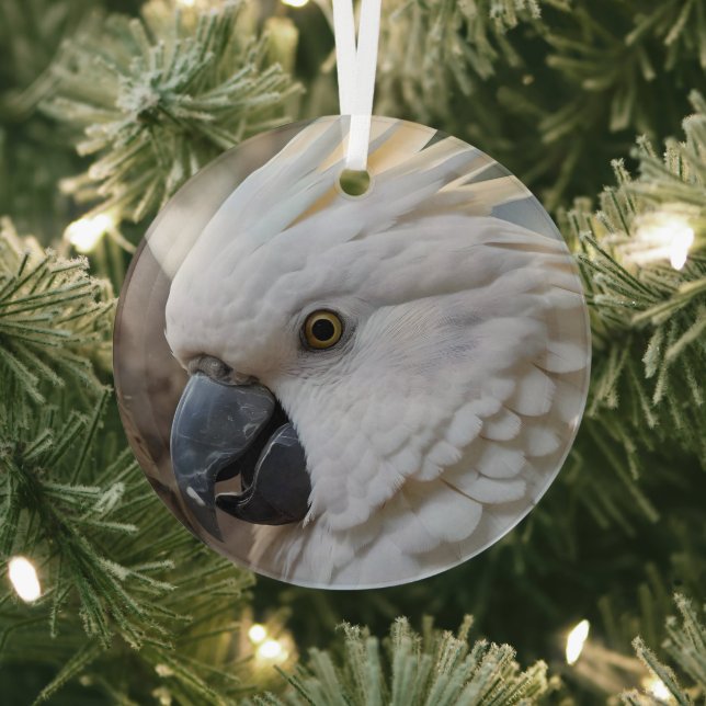 Elegance in White: The Majestic Aussie Cockatoo Glass Ornament (Insitu)