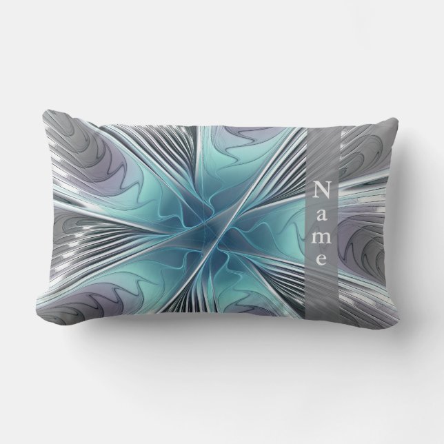Elegance Modern Art Blue Grey White Flower Name Lumbar Pillow (Front)