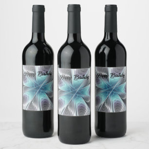 Elegance Modern Blue Gray White Fractal Art Flower Wine Label