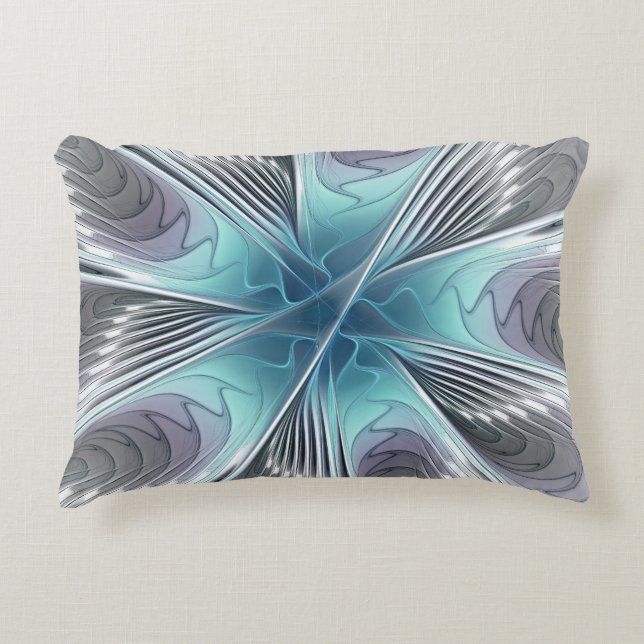 Elegance Modern Blue Grey White Fractal Art Flower Accent Pillow (Front)
