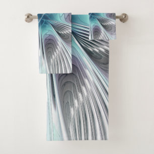 Elegance Modern Blue Grey White Fractal Art Flower Bath Towel Set