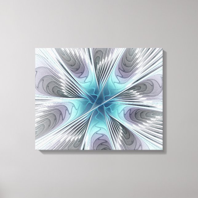 Elegance Modern Blue Grey White Fractal Art Flower Canvas Print (Front)
