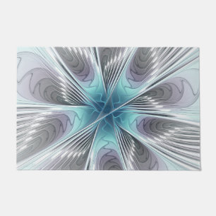 Elegance Modern Blue Grey White Fractal Art Flower Doormat