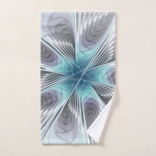 Elegance Modern Blue Grey White Fractal Art Flower Hand Towel