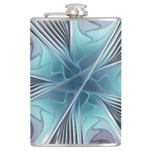 Elegance Modern Blue Grey White Fractal Art Flower Hip Flask
