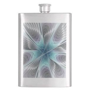 Elegance Modern Blue Grey White Fractal Art Flower Hip Flask