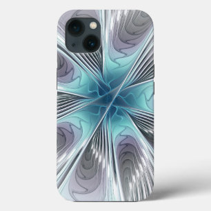 Elegance Modern Blue Grey White Fractal Art Flower iPhone 13 Case