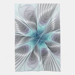 Elegance Modern Blue Grey White Fractal Art Flower Kitchen Towel