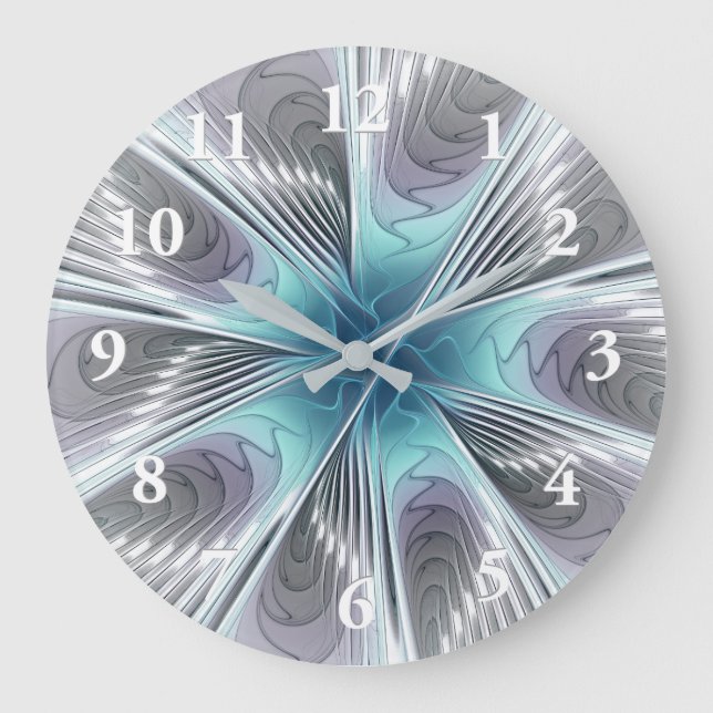 Elegance Modern Blue Grey White Fractal Art Flower Large Clock (Front)