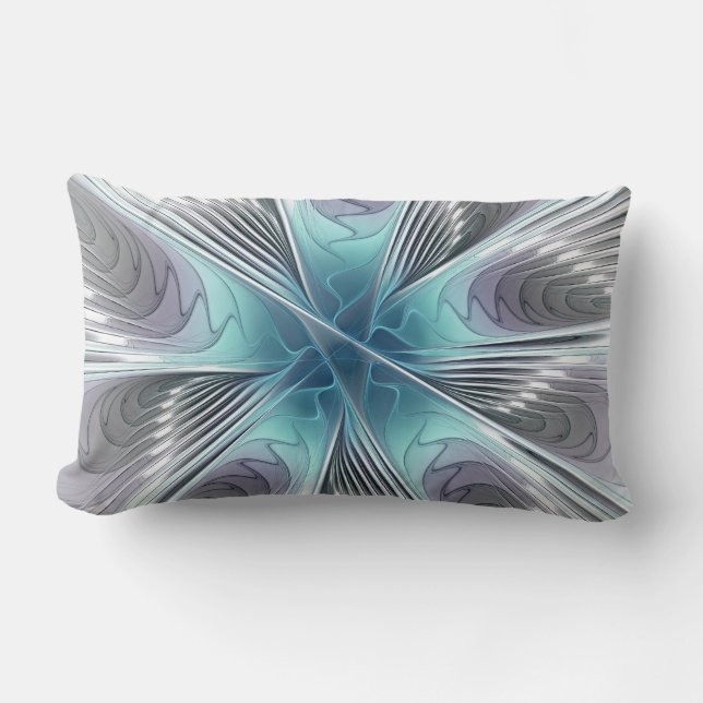 Elegance Modern Blue Grey White Fractal Art Flower Lumbar Pillow (Front)