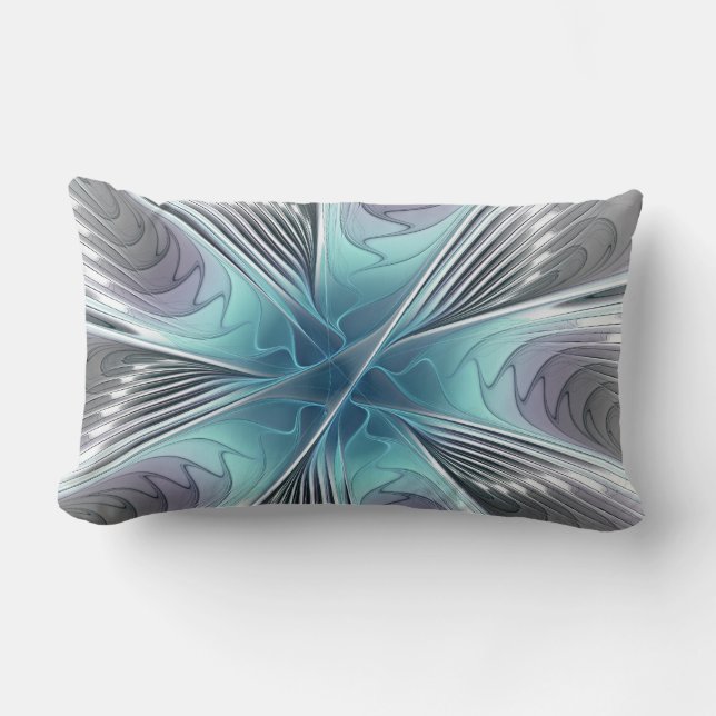 Elegance Modern Blue Grey White Fractal Art Flower Lumbar Pillow (Front)