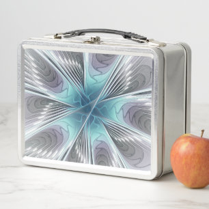 Elegance Modern Blue Grey White Fractal Art Flower Metal Lunch Box