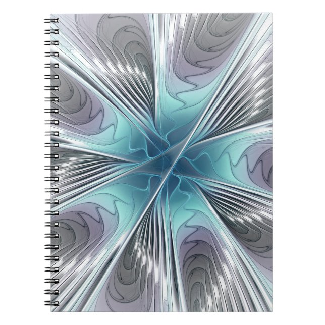 Elegance Modern Blue Grey White Fractal Art Flower Notebook (Front)
