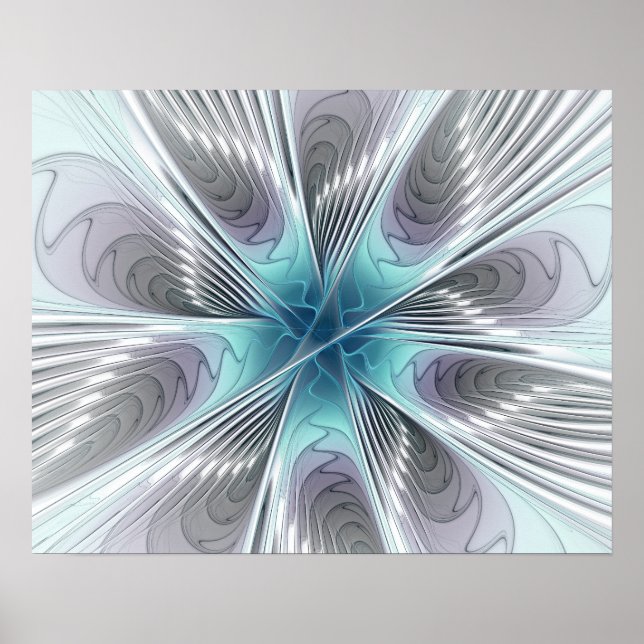 Elegance Modern Blue Grey White Fractal Art Flower Poster (Front)
