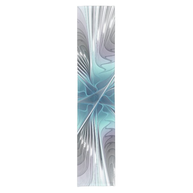 Elegance Modern Blue Grey White Fractal Art Flower Short Table Runner (Front)