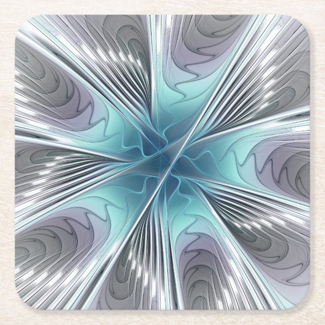 Elegance Modern Blue Grey White Fractal Art Flower Square Paper Coaster (Front)
