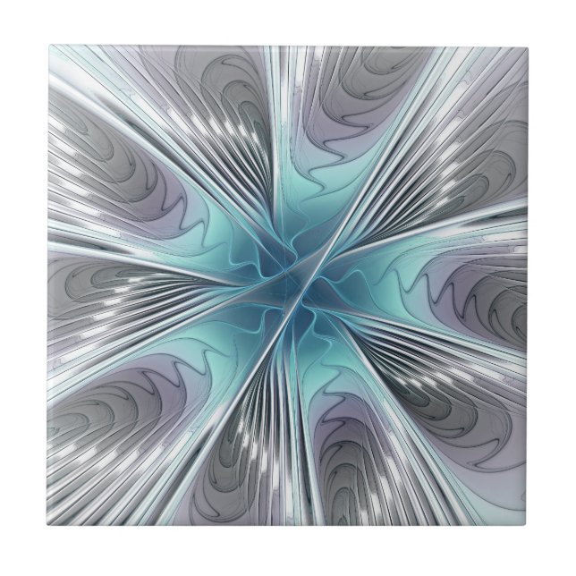 Elegance Modern Blue Grey White Fractal Art Flower Tile (Front)