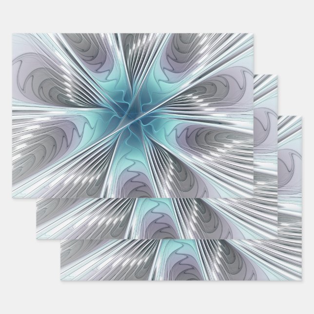 Elegance Modern Blue Grey White Fractal Art Flower Wrapping Paper Sheet (Set)