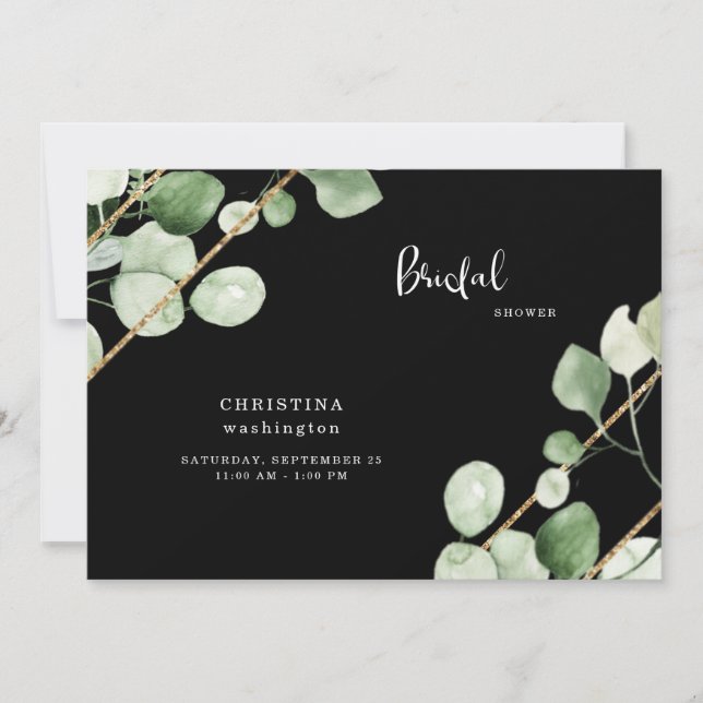 Elegance of Gold & Black Eucalyptus Bridal Shower Invitation (Front)