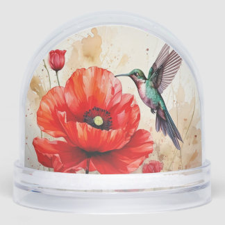 Elegance of Nature: Poppy and Hummingbird Harmony Snowglobe