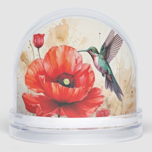 Elegance of Nature: Poppy and Hummingbird Harmony Snowglobe (Front)