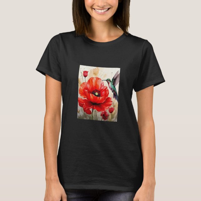 Elegance of Nature: Poppy and Hummingbird Harmony T-Shirt (Front)