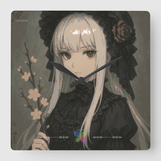 Elegance of the Midnight Blossom Maiden Premium Square Wall Clock (Front)