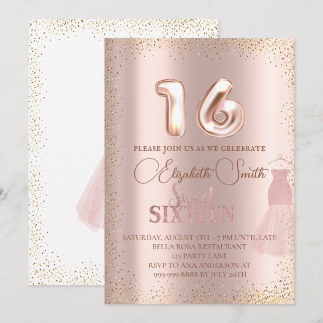 Elégance or rose, invitation sweet sixteen (Devant / Derrière)