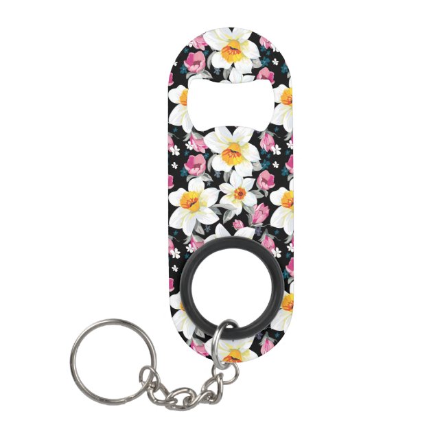 Elegance pattern with narcissus flowers keychain bottle opener (Front)