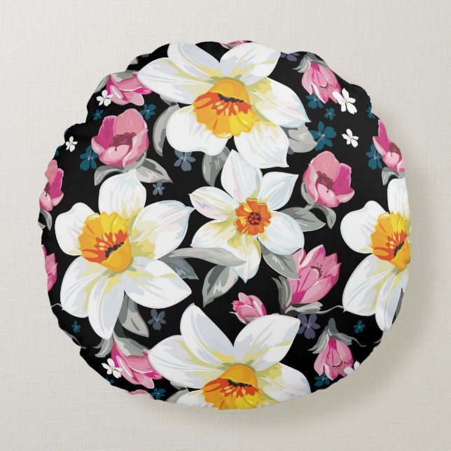 Elegance pattern with narcissus flowers round pillow (Front)